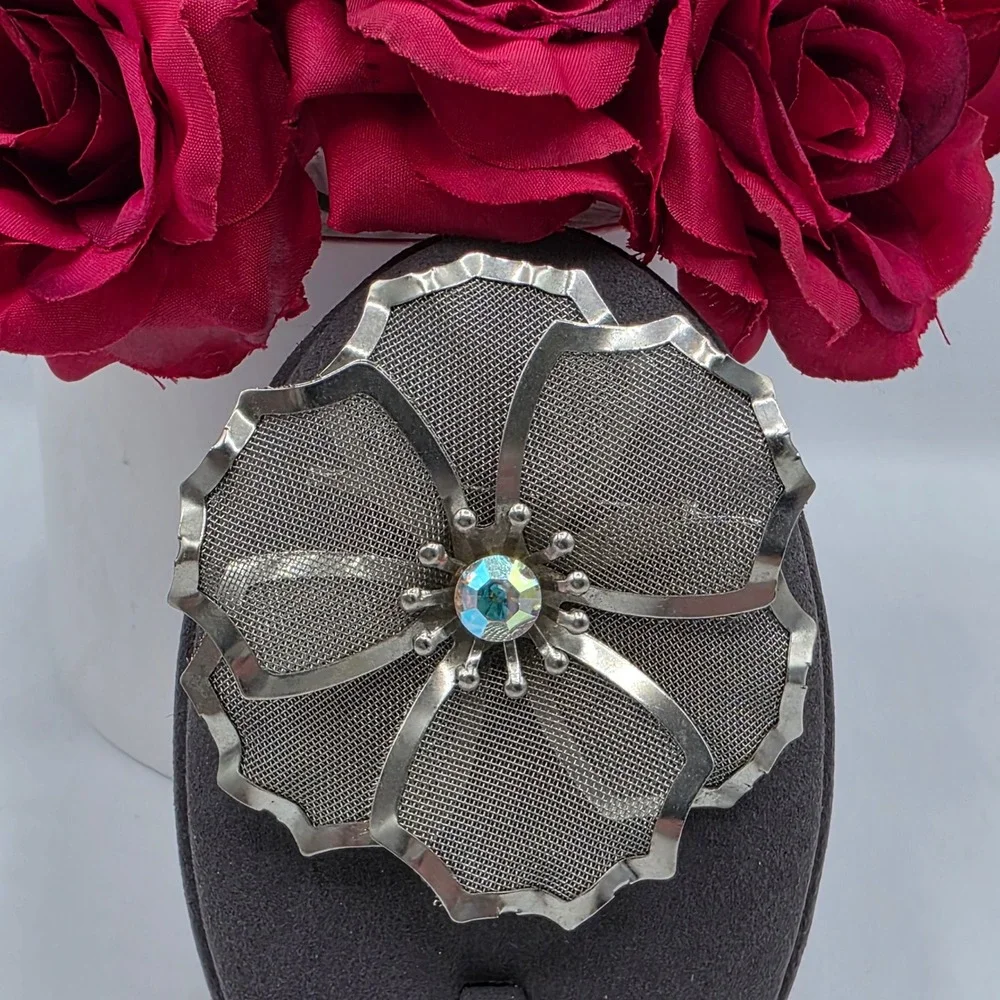 Vintage BED Silver Tone Mesh Flower‎ Brooch Aurora Borealis AB Rhinestone Pin